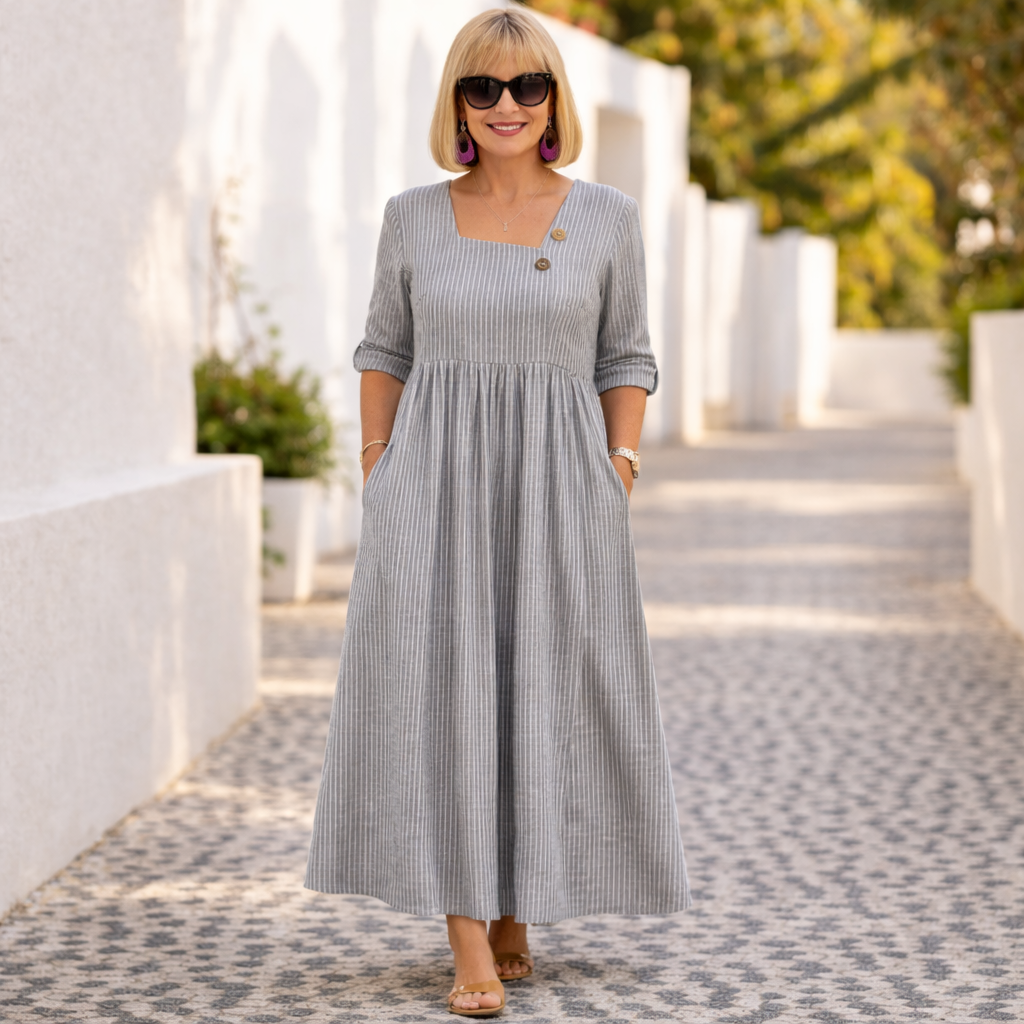 Elegant women's asymmetric midi dress in a sleek grey, ideal for spring & summer events. Features a fitted waist.