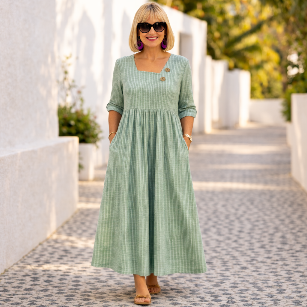 Stylish women's asymmetric midi dress, flattering fitted waist, ideal for spring & summer fashion trends.