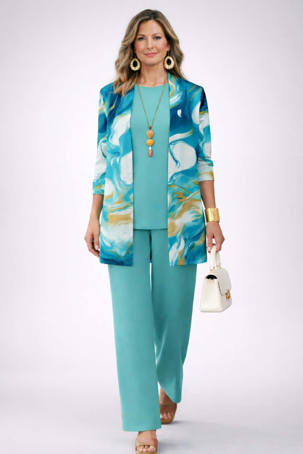 Effortless women's blue marble 3-piece loungewear set. Includes top, cardigan & wide-leg trousers for casual chic.