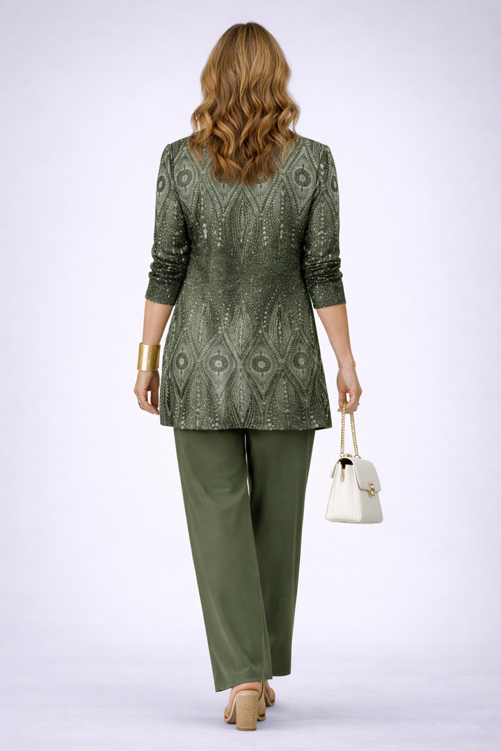 Casual women's green 3-piece set; soft cardigan, matching top, & comfy wide-leg trousers, perfect for loungewear.