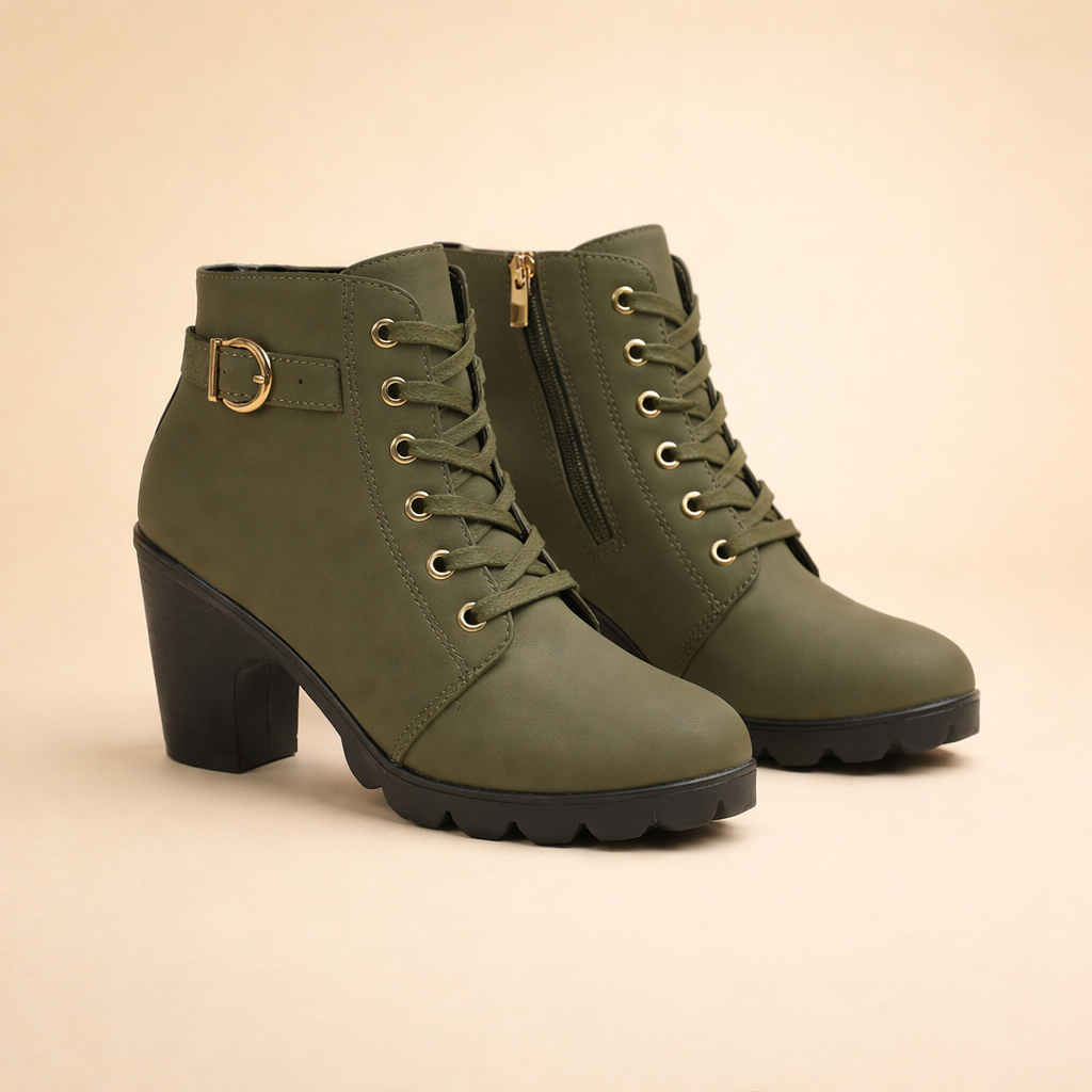 Edgy women's black chunky heel ankle boots with lace-up and buckle detail, stylish winter and autumn footwear.