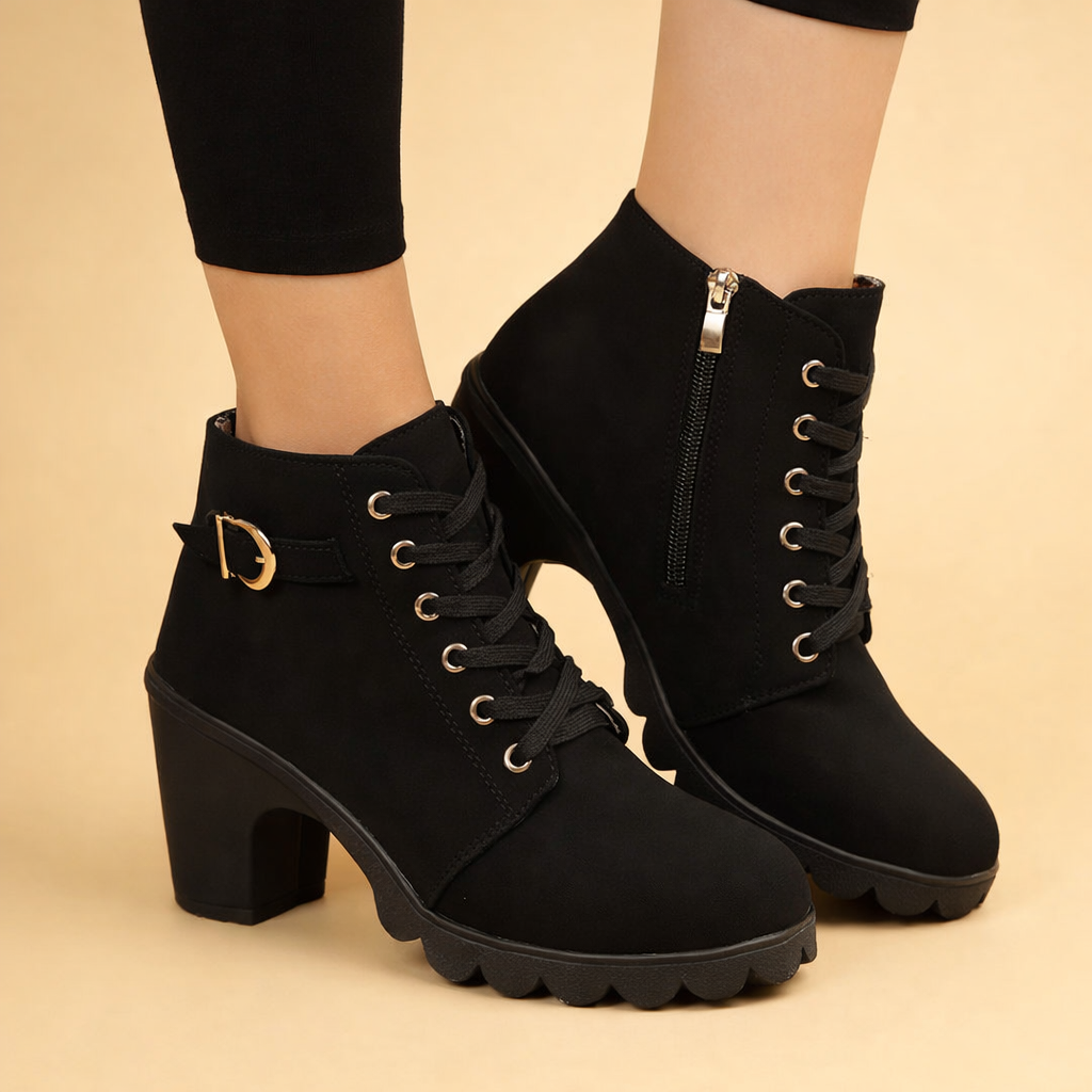 Women's edgy black chunky heel lace-up ankle boots with buckle detail, perfect for winter and autumn fashion.