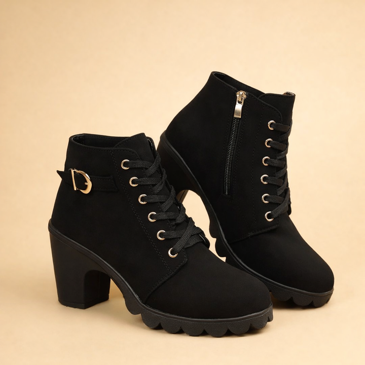 Comfortable women's black chunky heel lace-up ankle boots, edgy design with buckle, great for autumn winter.