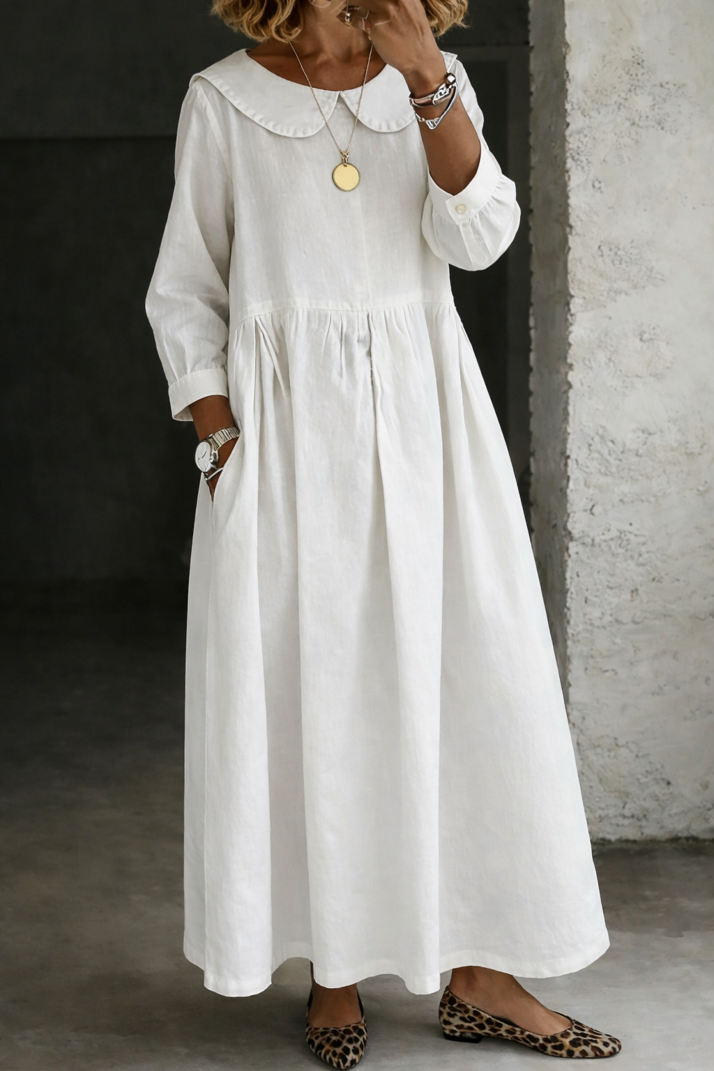 Versatile women's long sleeve Peter Pan collar maxi dress; elegant & comfortable for everyday.