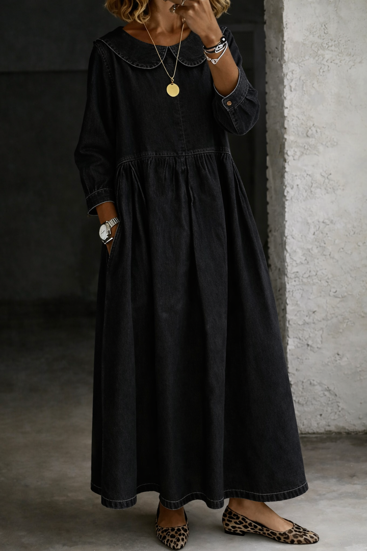 Stylish women's Peter Pan collar A-line maxi dress with long sleeves, perfect for casual elegance.