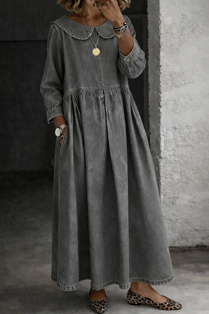 Women's comfortable long sleeve maxi dress, A-line cut, with Peter Pan collar & loose fit.
