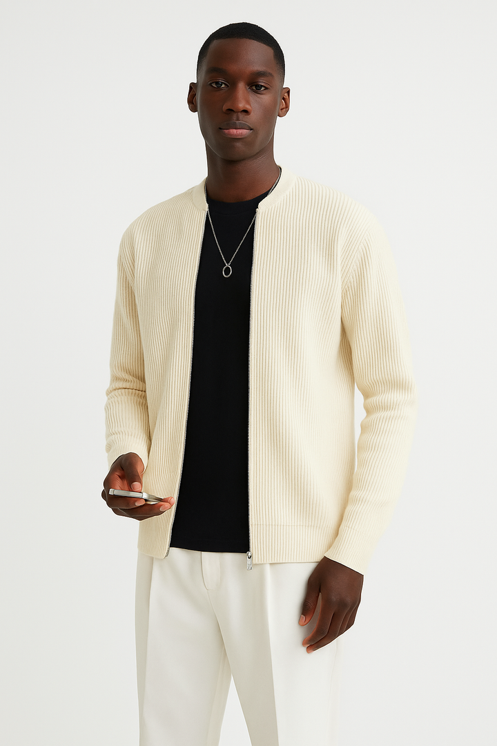 Comfortable men's ribbed zip-up sweater, a versatile stand collar piece for everyday style and layering.