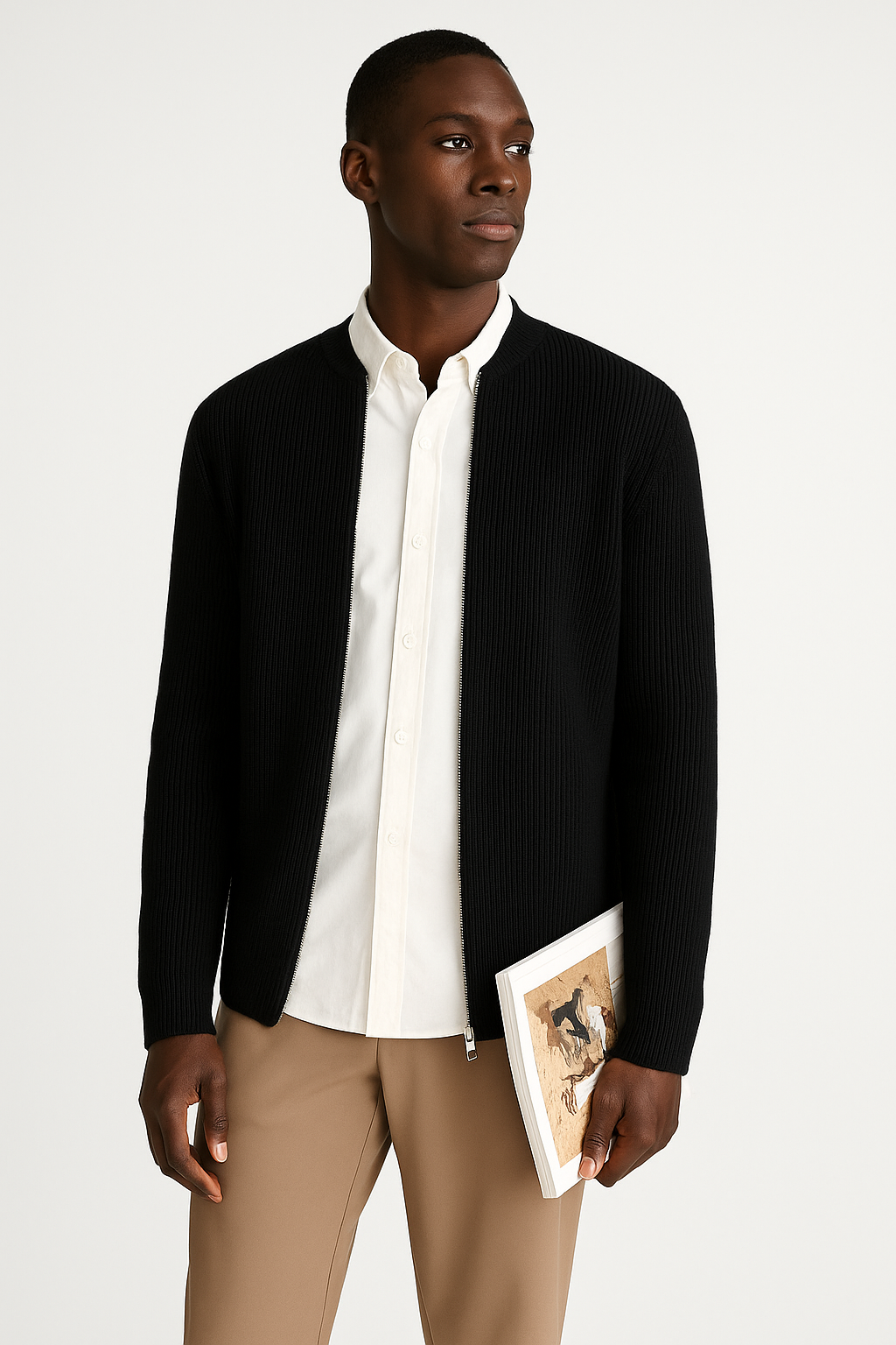 Fashionable men's long sleeve ribbed zip-up sweater. Ideal for casual wear, men's fashion, and winter comfort.