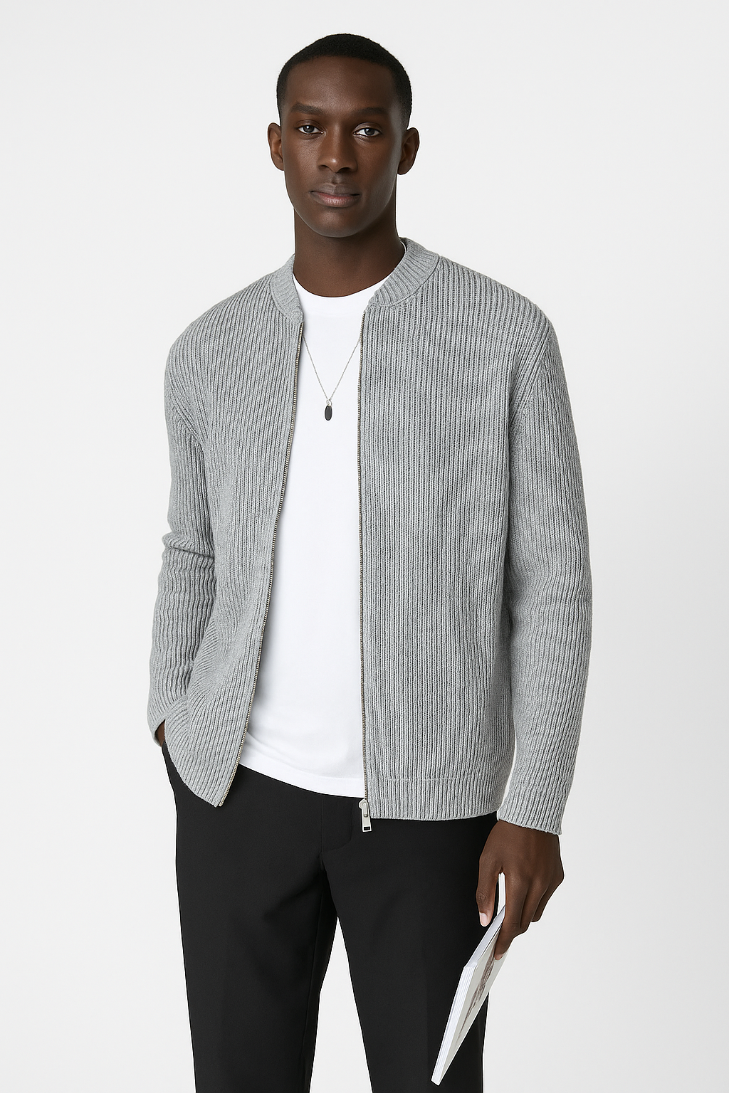 Stylish men's zip-up ribbed sweater with a stand collar. Essential long sleeve men's clothing for fall/winter.
