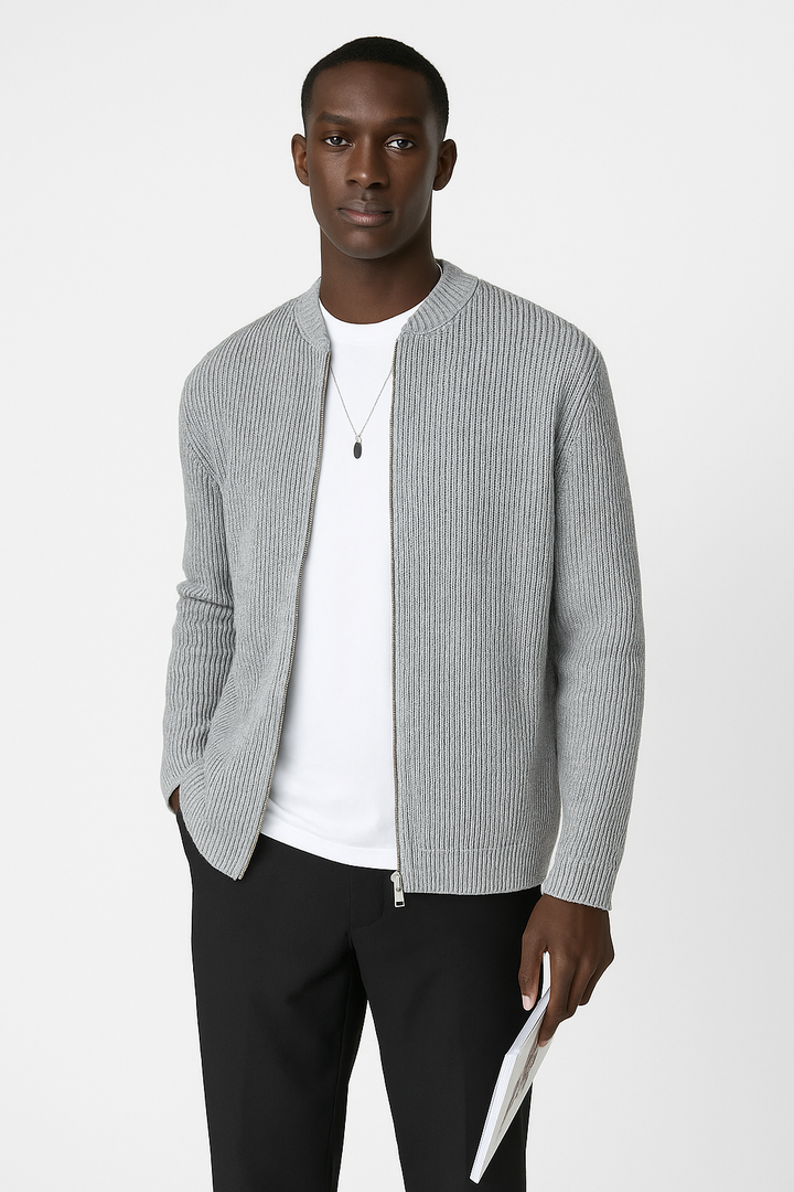 Stylish men's zip-up ribbed sweater with a stand collar. Essential long sleeve men's clothing for fall/winter.
