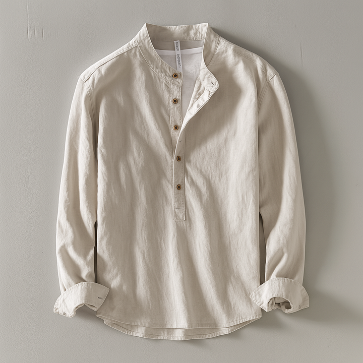 Men's lightweight mandarin collar shirt in breathable cotton linen, perfect for comfortable casual summer wear.