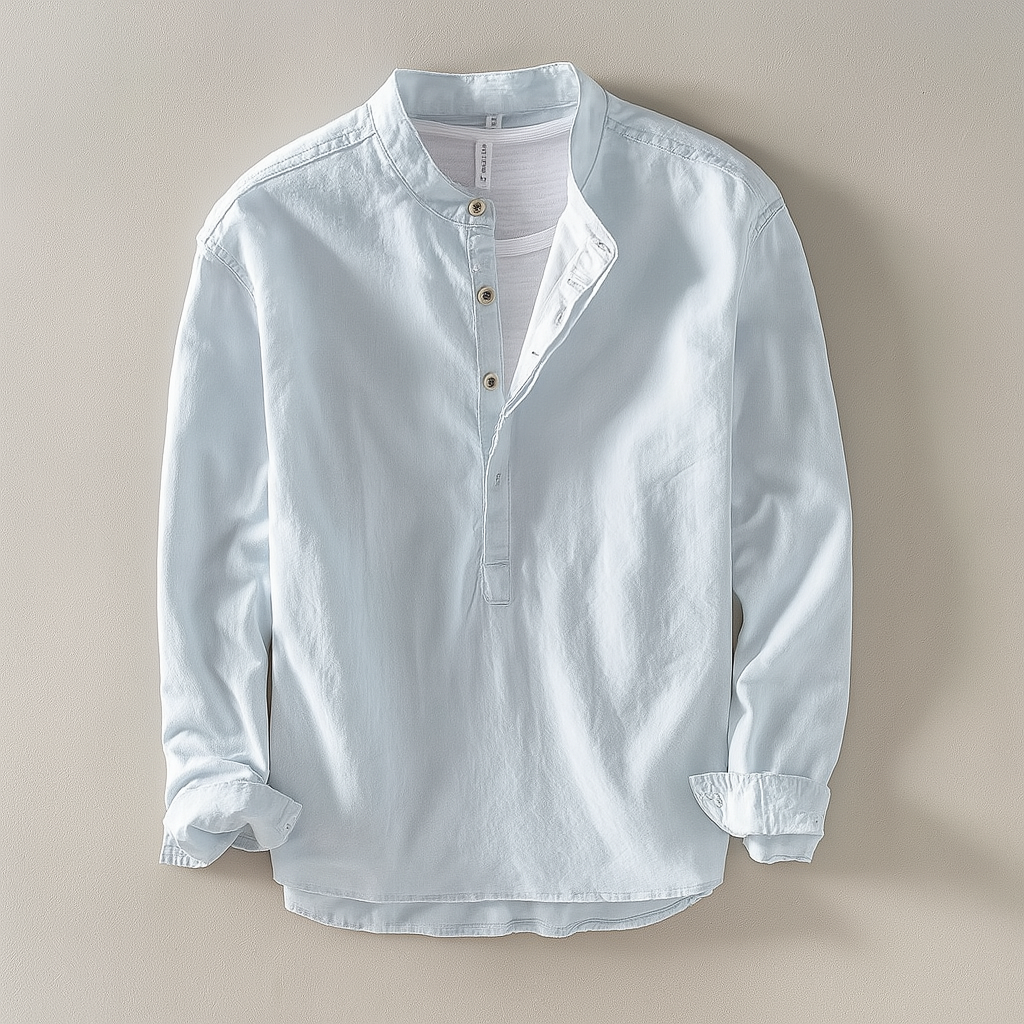 Stylish men's mandarin collar button-down shirt, a versatile lightweight option for casual and everyday wear.