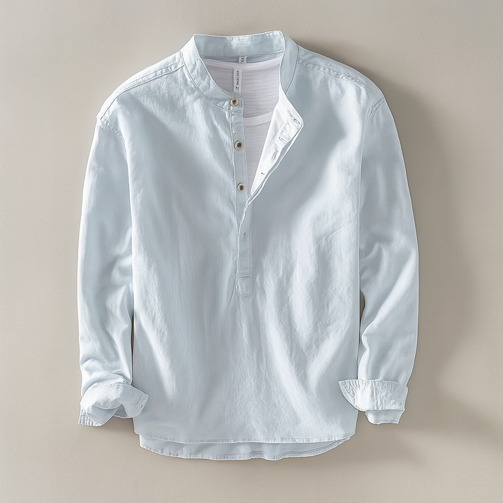 Stylish men's mandarin collar button-down shirt, a versatile lightweight option for casual and everyday wear.