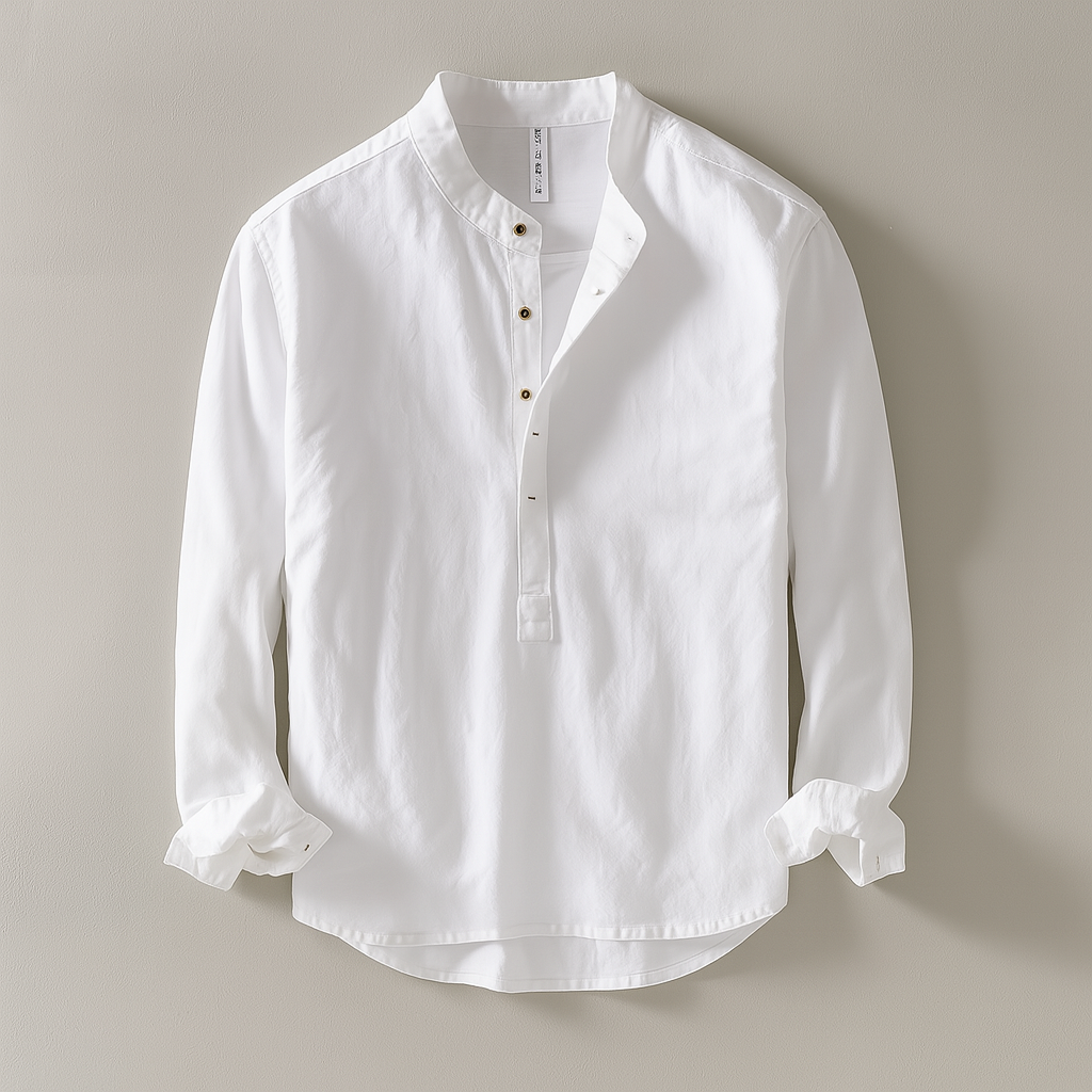 Comfortable men's cotton linen mandarin collar shirt, breathable and lightweight for hot weather casual fashion.