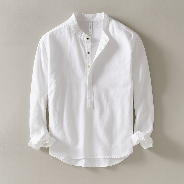 Comfortable men's cotton linen mandarin collar shirt, breathable and lightweight for hot weather casual fashion.