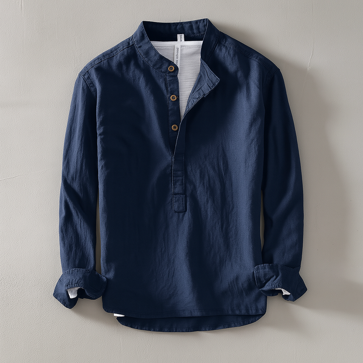 Casual men's mandarin collar button-down shirt, ideal for stylish summer outfits and everyday comfortable wear.