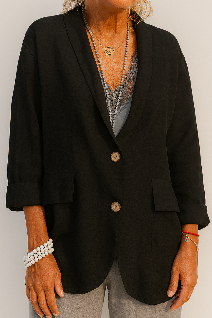 Casual women's layering jacket; relaxed fit blazer with button detail for everyday wear & versatile spring-summer style.