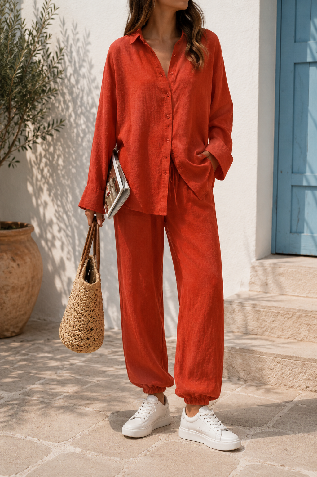 Stylish women's oversized linen button shirt and wide-leg pant set, ideal for breathable and comfortable summer fashion outfits.