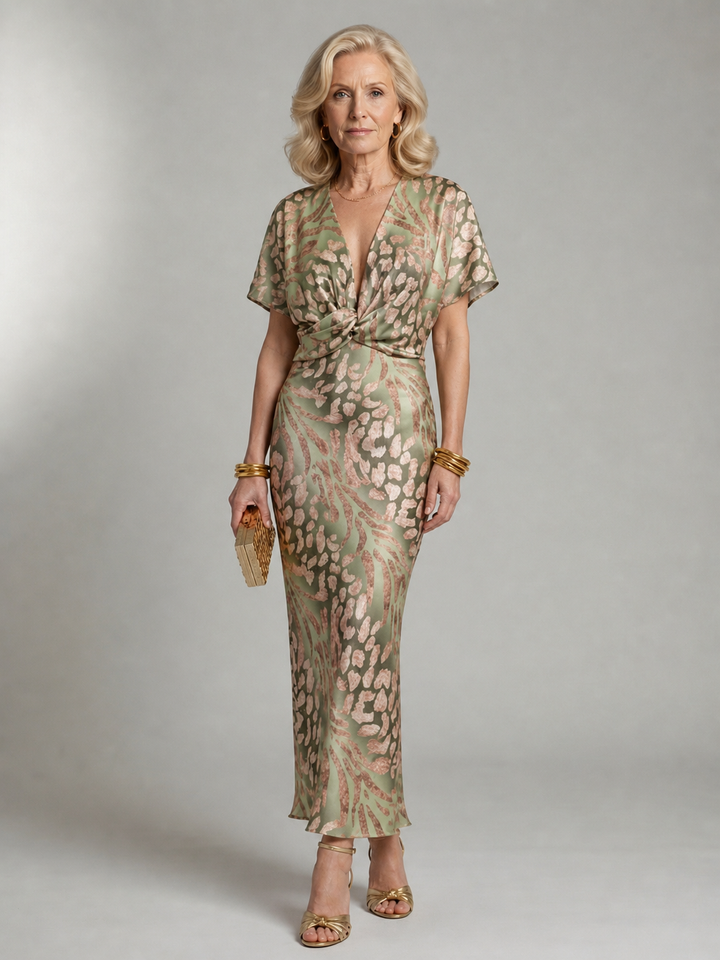 Stylish women's midi dress featuring a unique twist waist design and vibrant abstract print. Elegant and versatile.