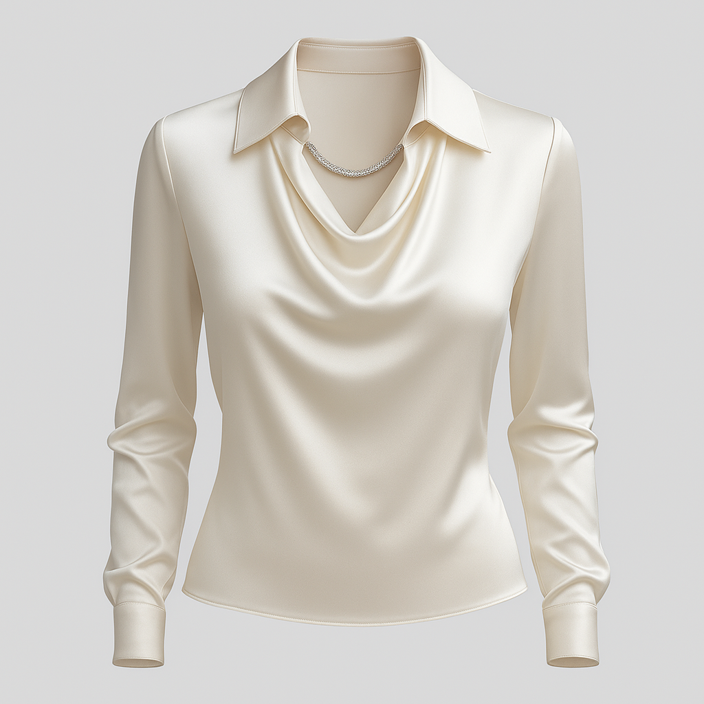 Elegant women's satin blouse with a chic waterfall neckline & long sleeves, ideal for professional or formal wear.
