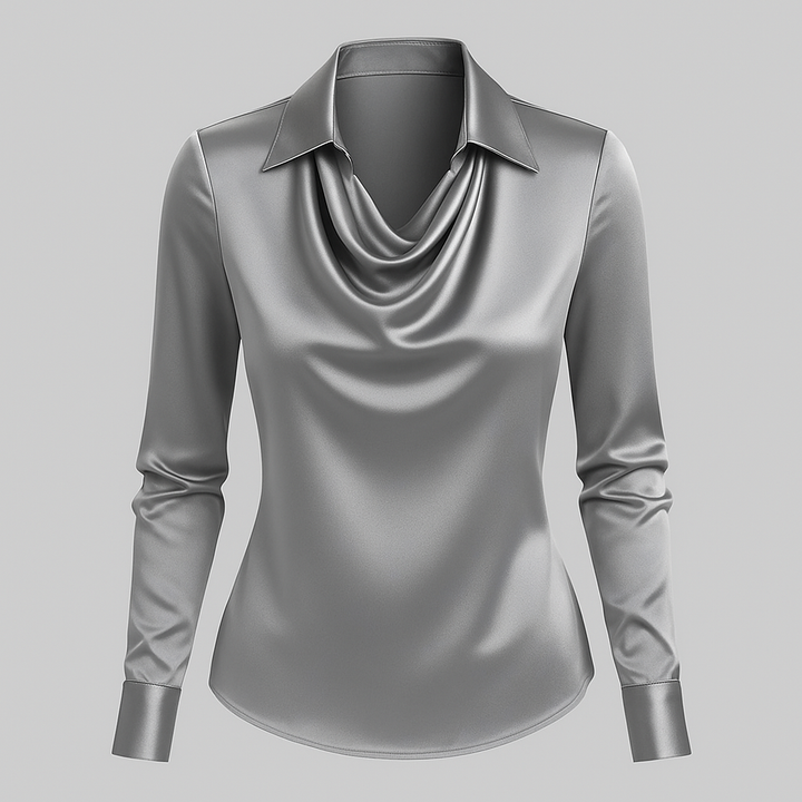 Luxurious women's long sleeve satin blouse with a flattering waterfall neckline, perfect for office elegance.