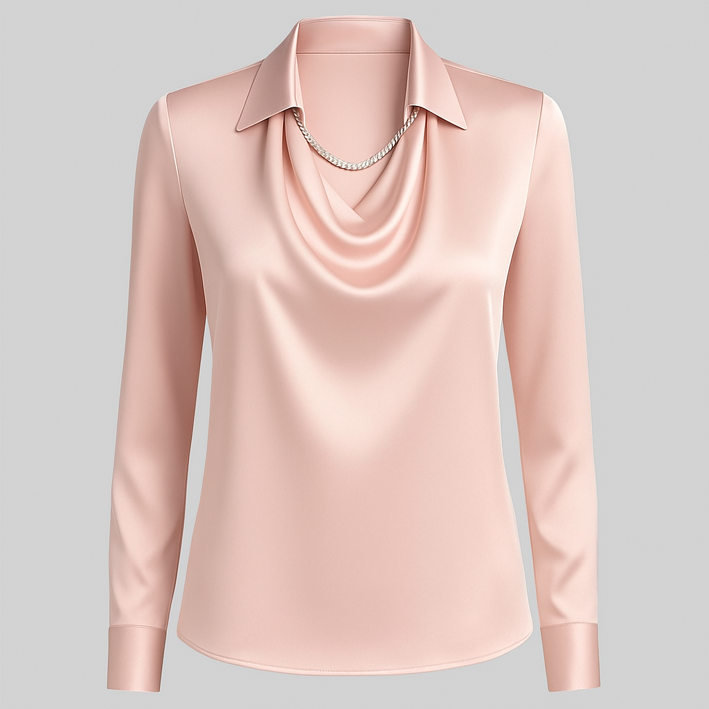 Full-length shot of a woman in an elegant long sleeve satin blouse with a sophisticated waterfall neckline.