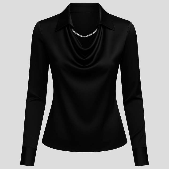 Versatile women's long sleeve satin blouse with an elegant waterfall neckline, suitable for formal & casual.