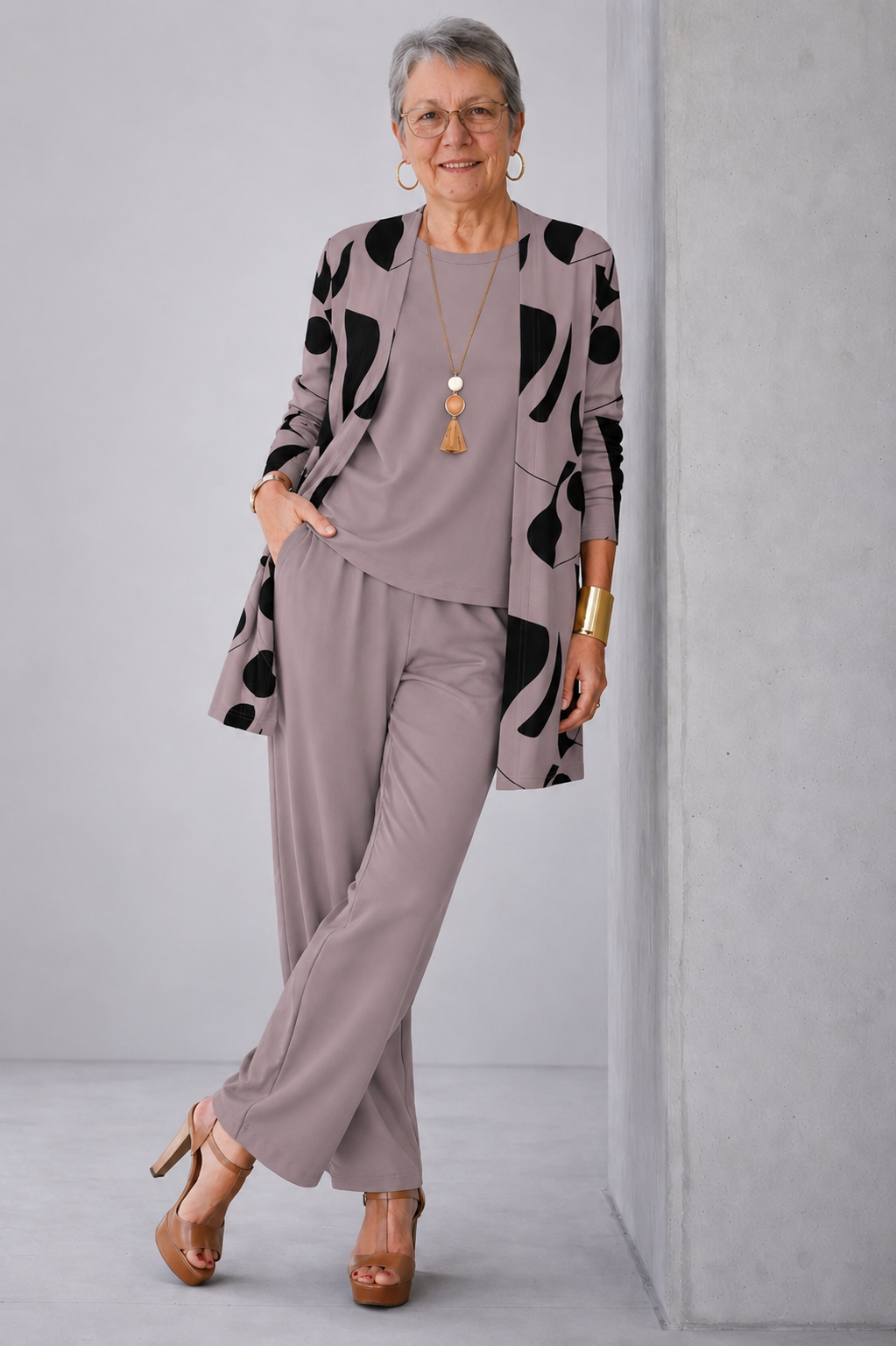 Women's relaxed taupe print 3-piece loungewear set with cardigan, cami, and wide-leg trousers for comfort.
