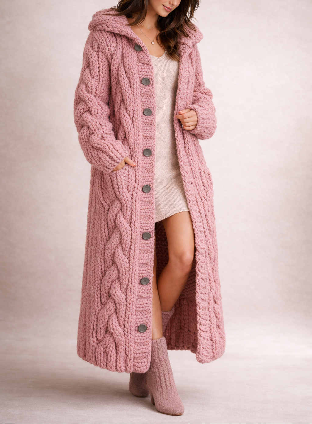 Stylish women's long cable knit coat. Cozy outerwear, ideal for elegant fall & winter fashion, includes plus sizes.