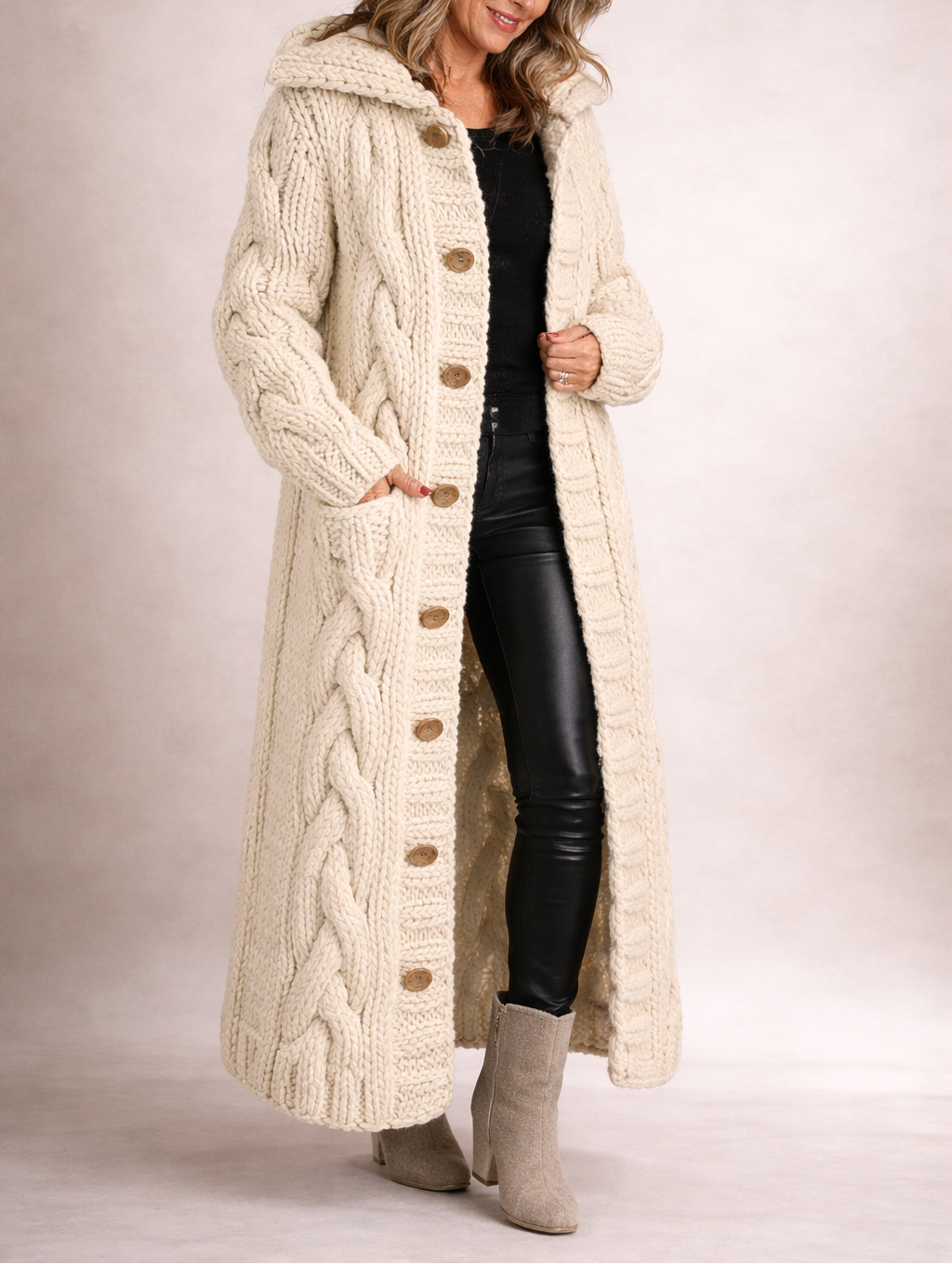 Comfortable women's cable knit coat designed with flattering tummy coverage. Cozy, elegant fall/winter long jacket.