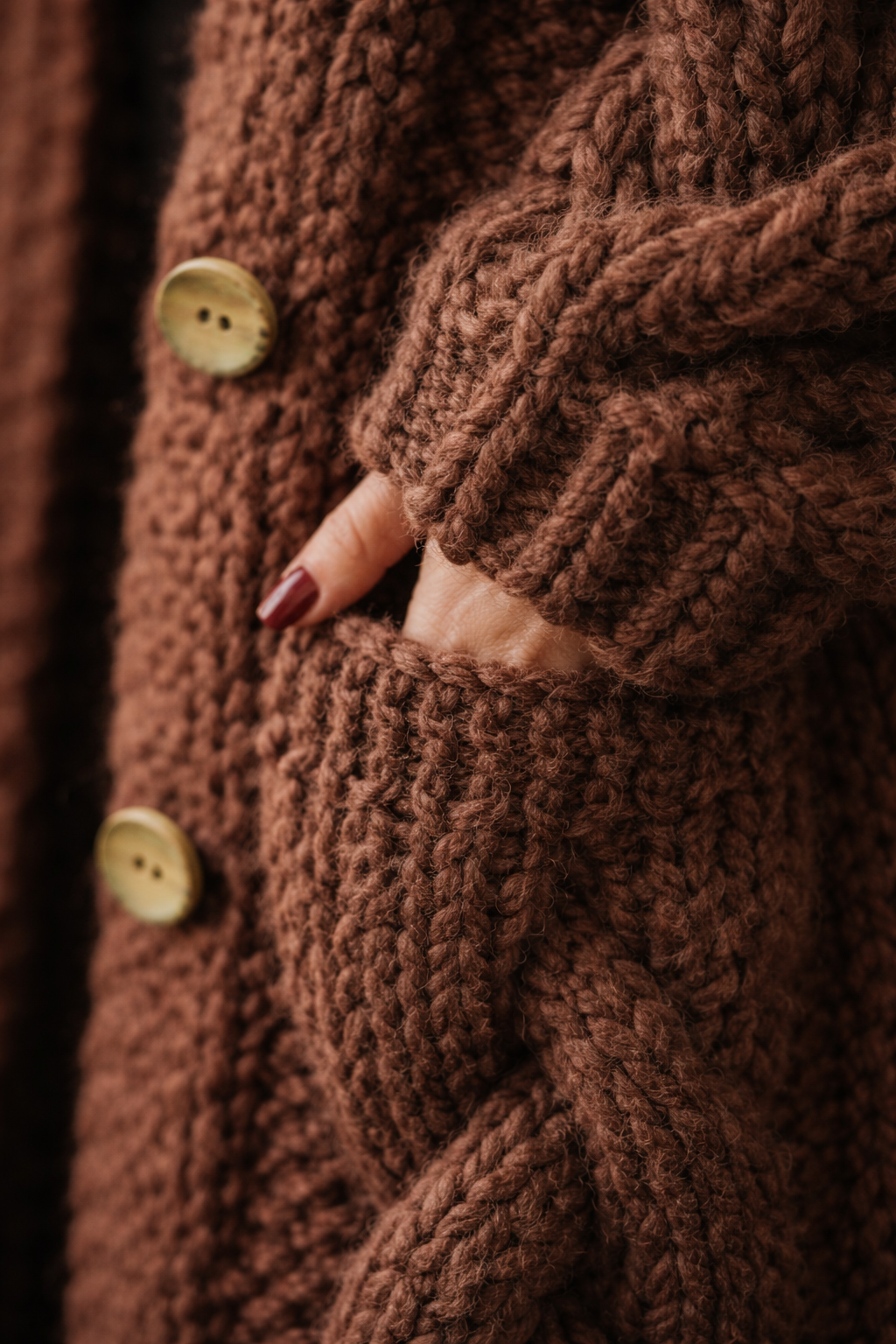 Versatile women's elegant cable knit coat. Cozy, flattering long jacket for fall/winter, offering stylish tummy coverage.