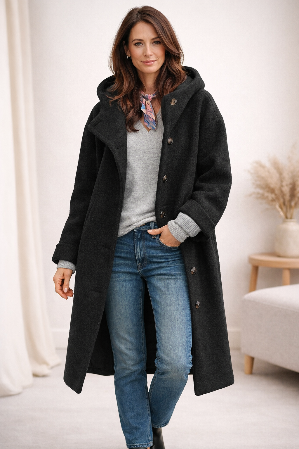Relaxed fit women's elegant transitional coat. Features long sleeves & stylish button front, ideal for autumn fashion.