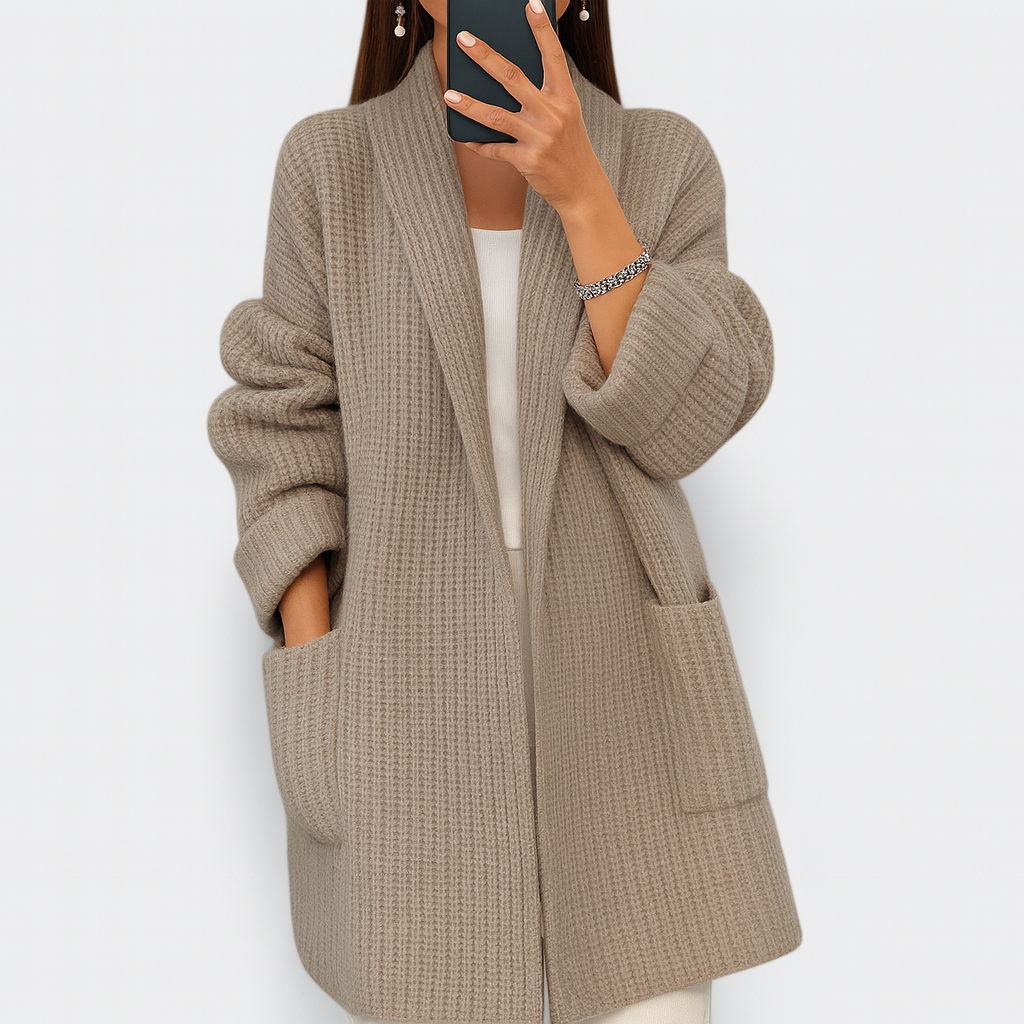 Women's relaxed fit open front beige cardigan, soft knit for fall fashion & everyday style.