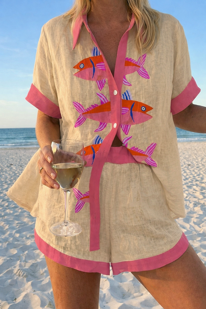 Chic women's two-piece summer shorts set. Stylish, comfortable, and breathable resort wear for warm days.