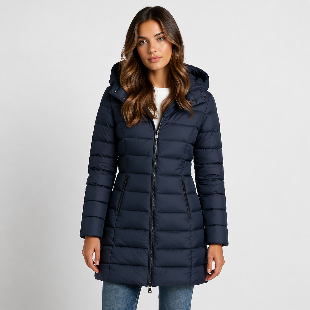 Elegant women's hooded puffer jacket. Features quilted pattern, zip-front & mid-thigh length for stylish cold weather protection.