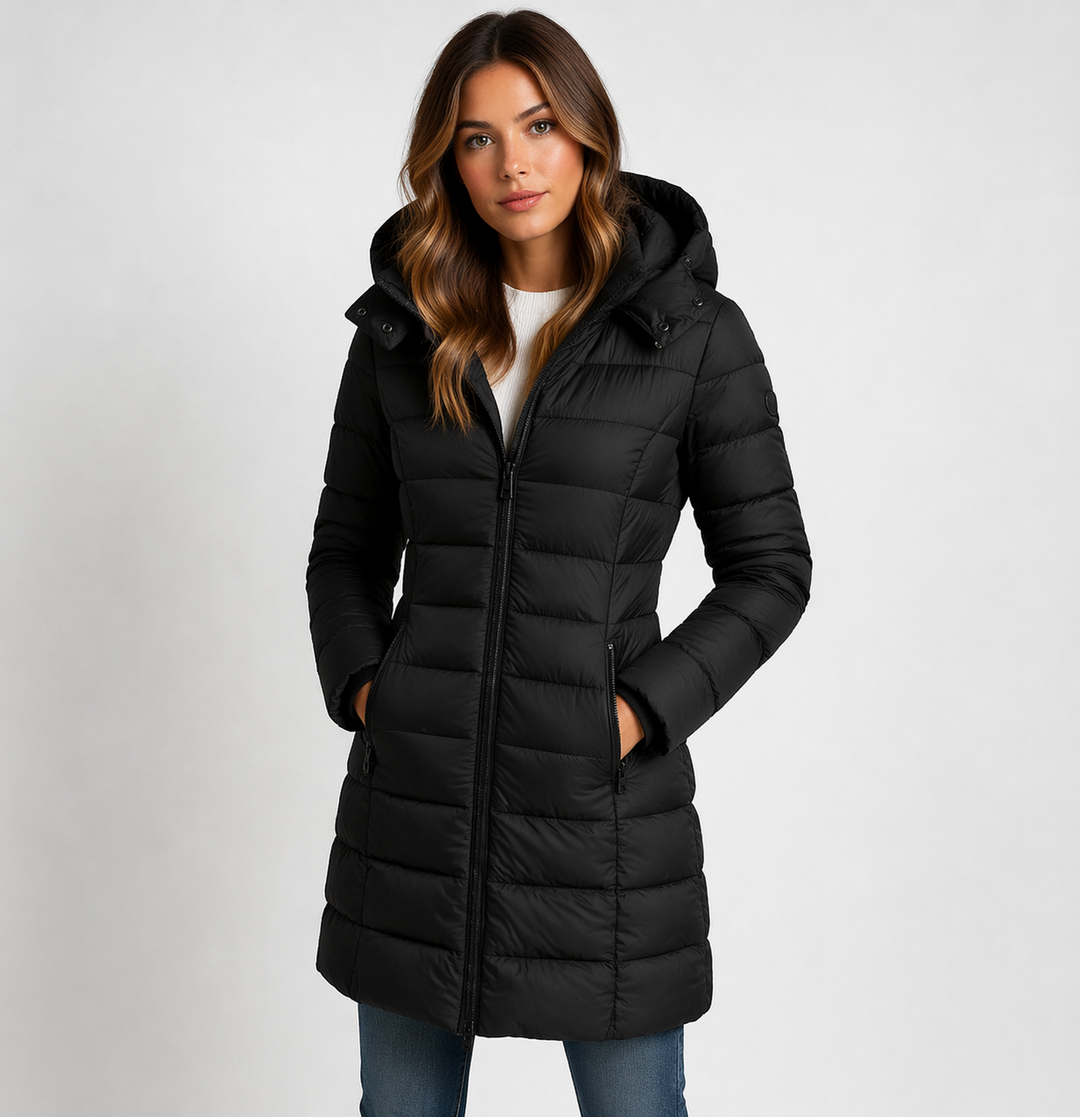 Women's hooded puffer jacket, mid-thigh, warm, stylish. Perfect for winter fashion & cold weather. Zip-front, quilted design.