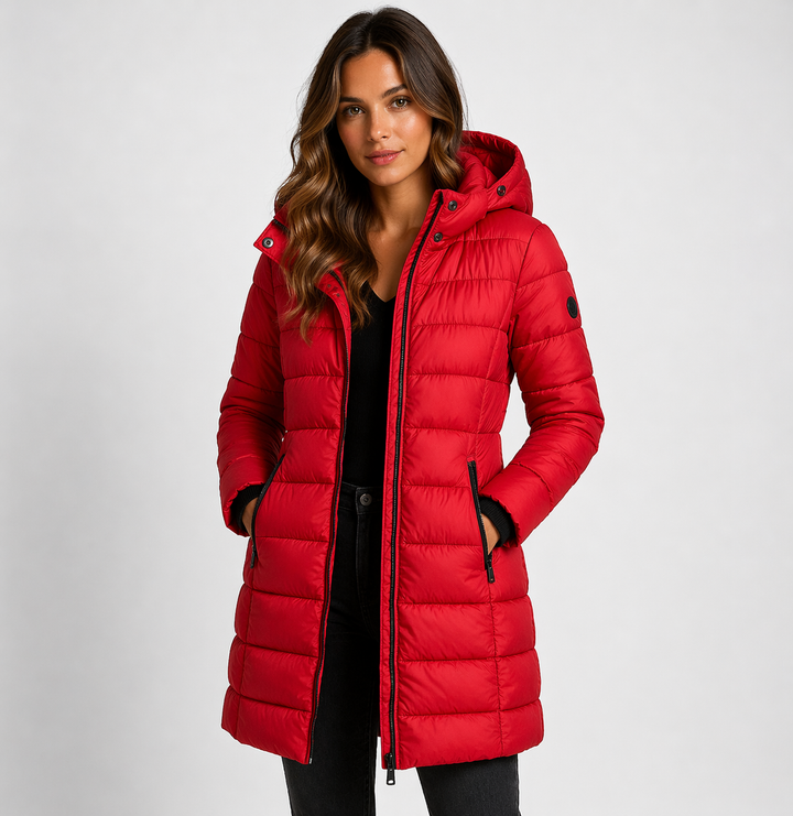 Modern women's hooded puffer jacket. Warm, mid-thigh, and quilted, with a practical zip-front for versatile winter fashion.