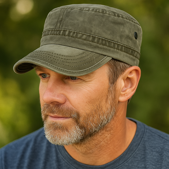 Rugged men's baseball cap in vintage style, distressed details, a durable & adjustable fashion hat.