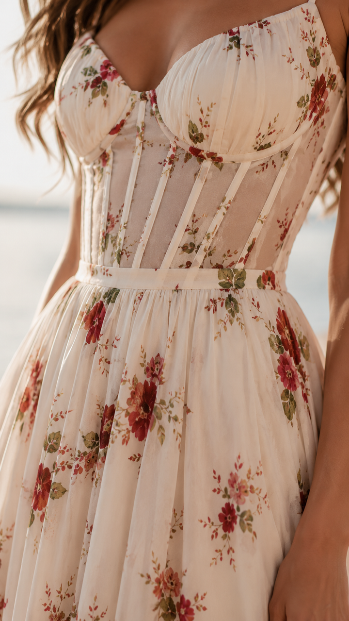 Flowing women's floral maxi dress, showcasing a beautiful print & a flattering slit for occasion wear.