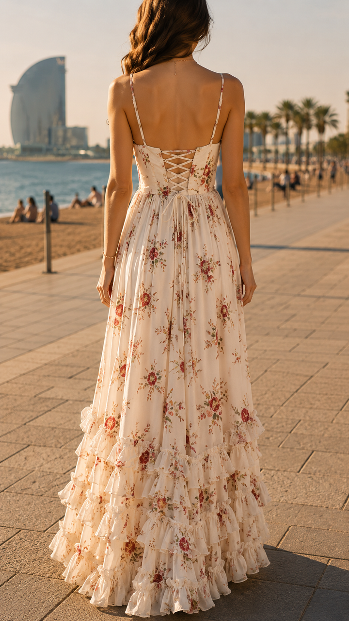 Romantic floral print maxi dress for women, featuring a stylish slit & flowing fabric. Ideal for summer.