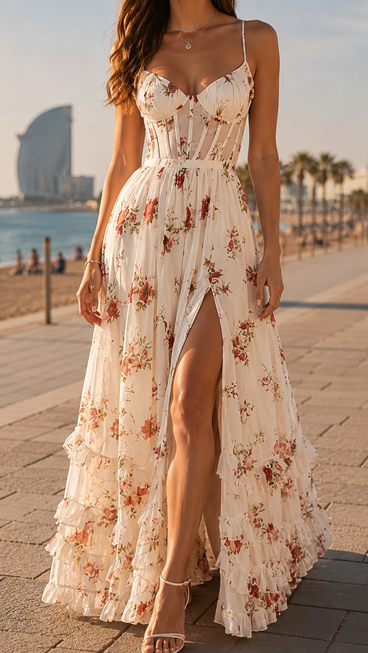 Elegant women's floral maxi dress with a flattering side slit, perfect for summer events & occasion wear.