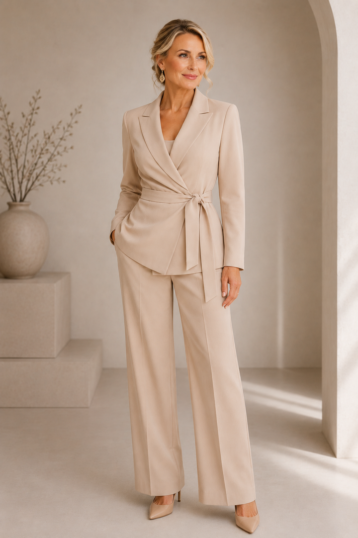 Chic ladies' tie-waist blazer suit with wide leg trousers, ideal for business attire and versatile fashion.