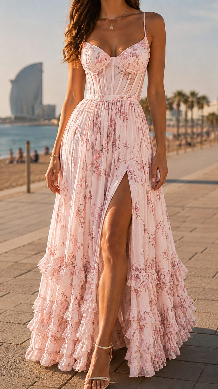 Close-up of a women's floral maxi dress fabric, highlighting the elegant print and delicate slit detail.