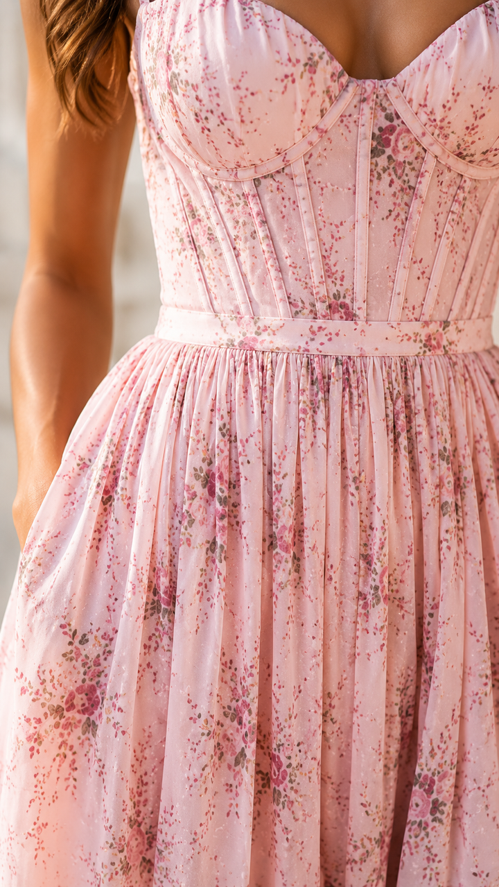 Vibrant floral pattern on a women's maxi dress, complete with a stylish and flattering leg slit. Summer fashion.