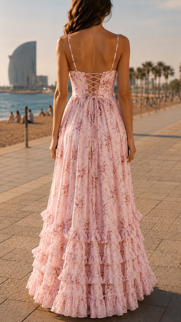 Full-length view of a women's floral maxi dress, featuring a flattering slit & flowing skirt, perfect for parties.