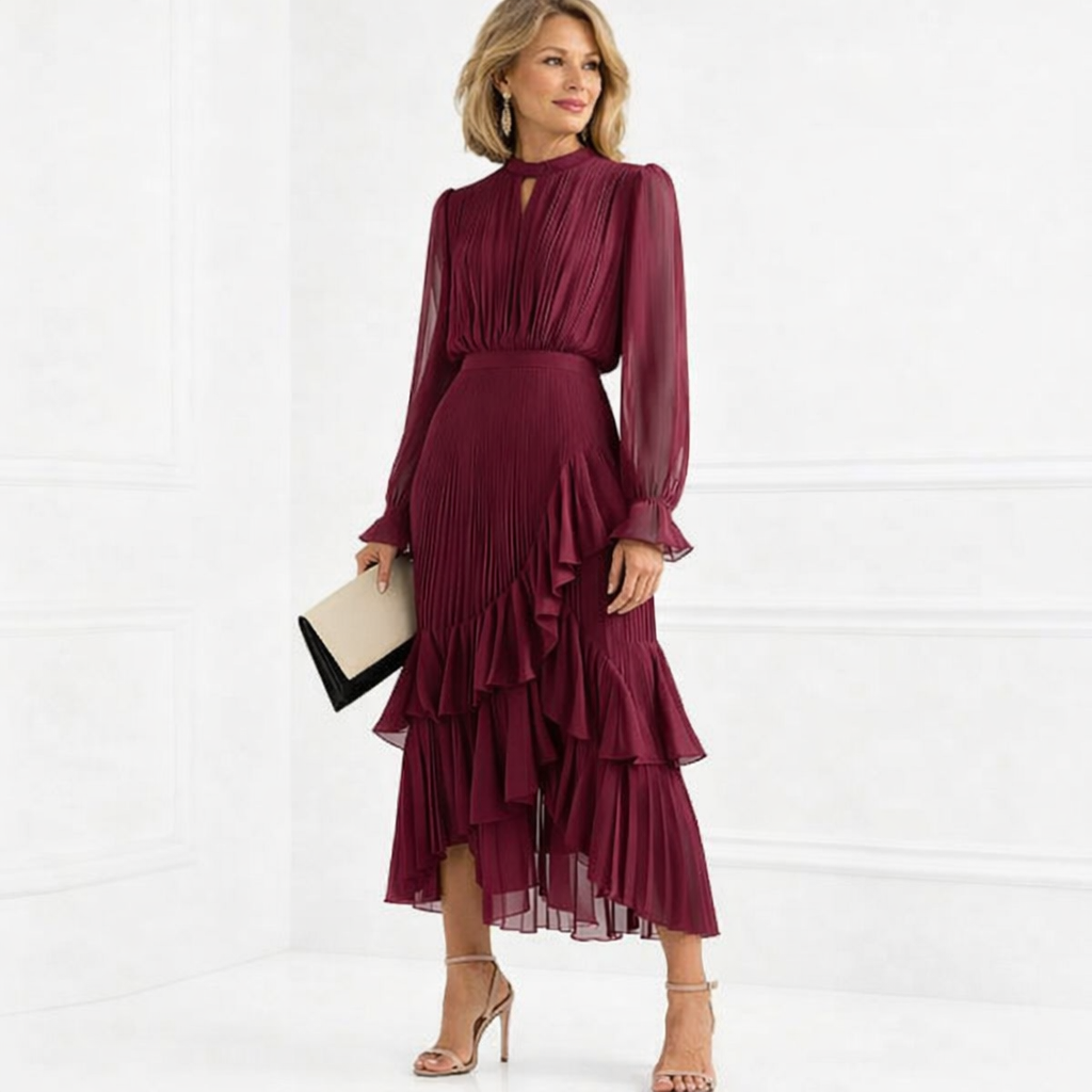 Chic women's pleated midi dress with high neck. Flowy design, ideal for summer elegance.