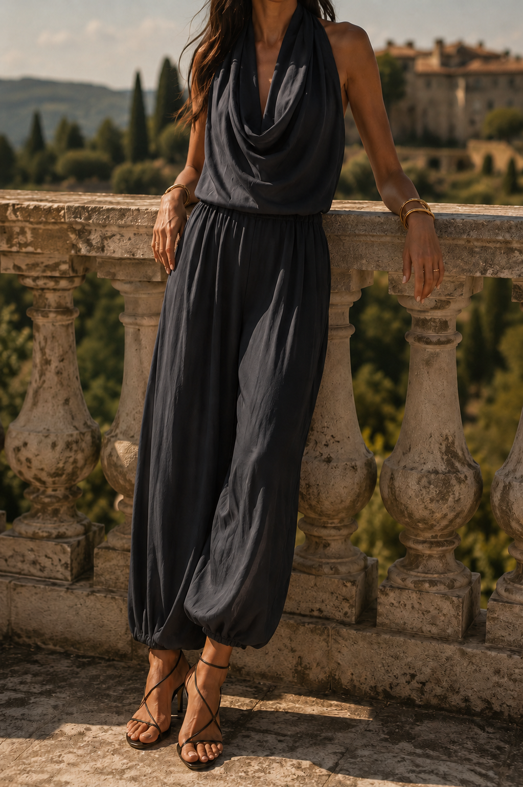 Women's elegant draped midi dress, a sophisticated and flowy style for summer, evening, or special occasions.