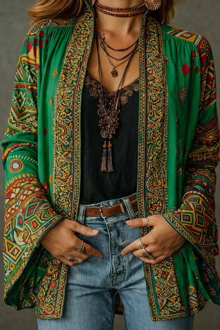 Stylish women's Bohemian long cardigan, featuring an intricate pattern, perfect for unique layering.