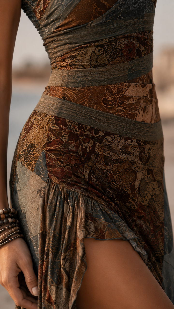 Printed women's floral boho maxi dress featuring a unique asymmetrical hem. Perfect casual or vacation style.