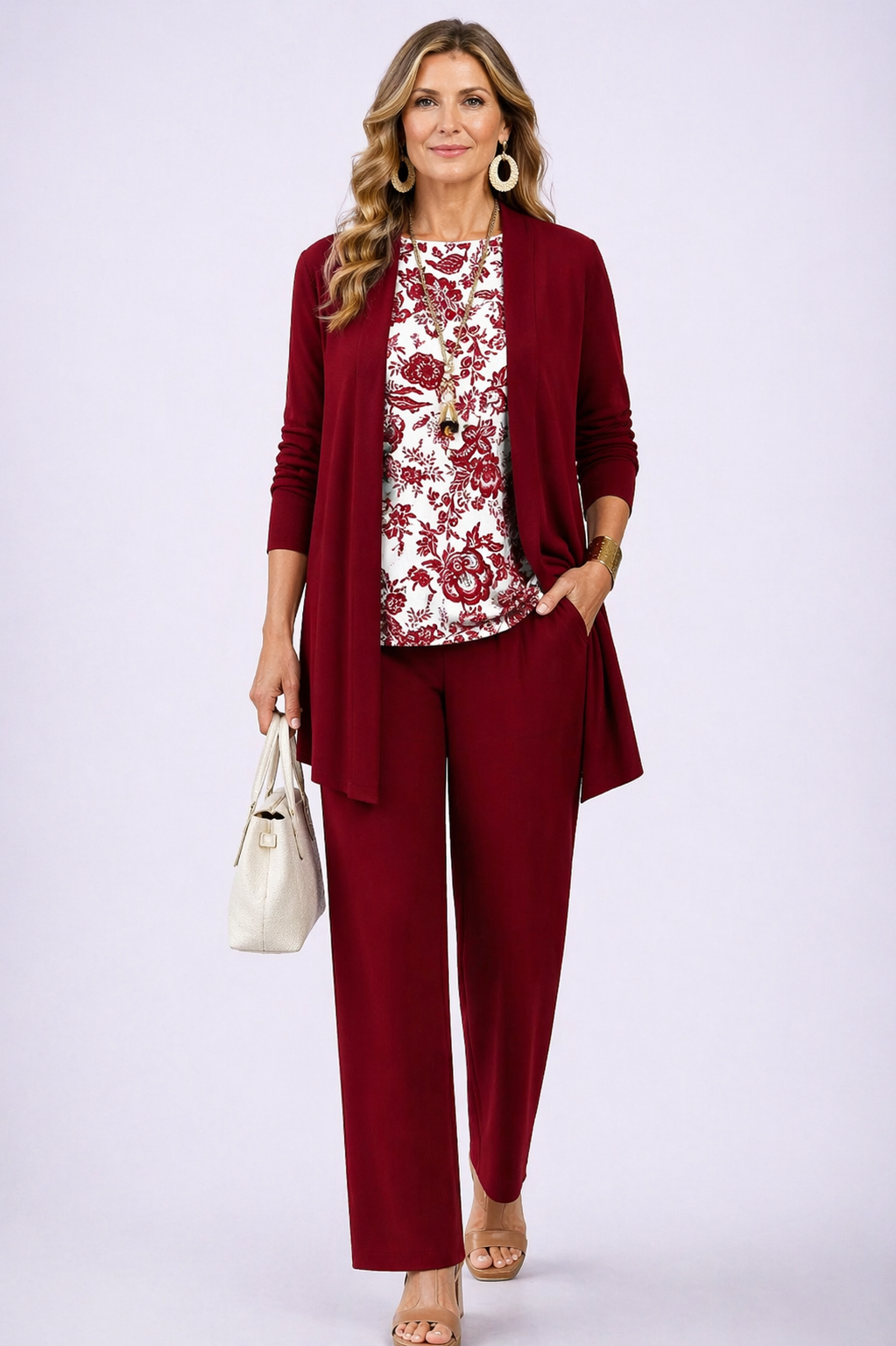 Women's white & red 3-piece coordinated set with cardigan and wide-leg trousers for effortless style.